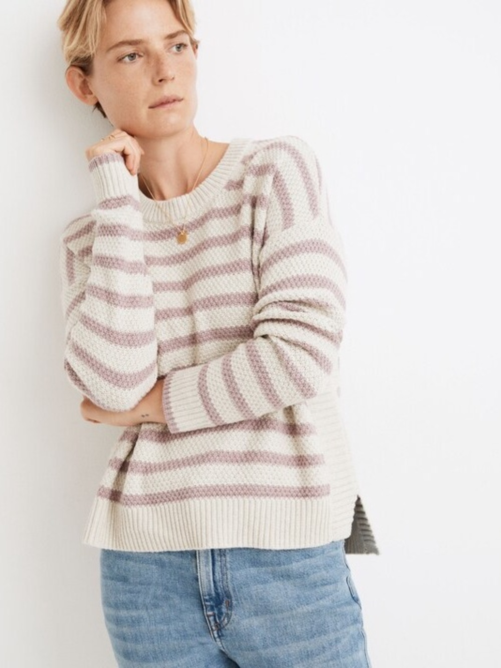 Madewell Striped Pickford Pullover Sweater Heather Fog M
